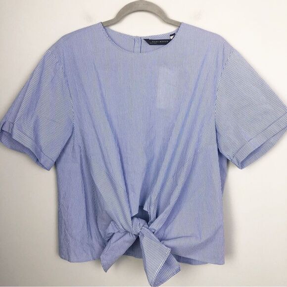 ZARA | NEW Blue & White Striped Poplin Tie Front Button Back Top Women’s Size XL - Picture 3 of 10